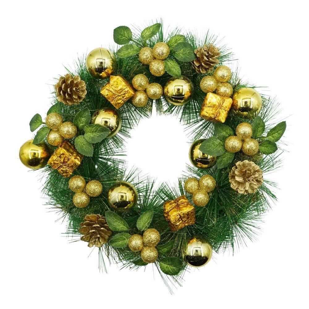 Coronita de Craciun pentru usa, Verde/Auriu, 35 cm, PVC, Artificiala, Decorata, Interior/Exterior, Vivimall - vivimall.ro