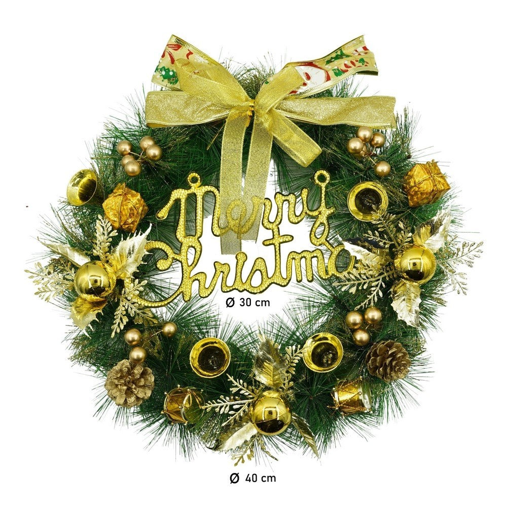 Coronita de Craciun pentru usa, Verde/Auriu, 40 cm, PVC, Artificiala, Decorata, Interior/Exterior, Flippy - vivimall.ro