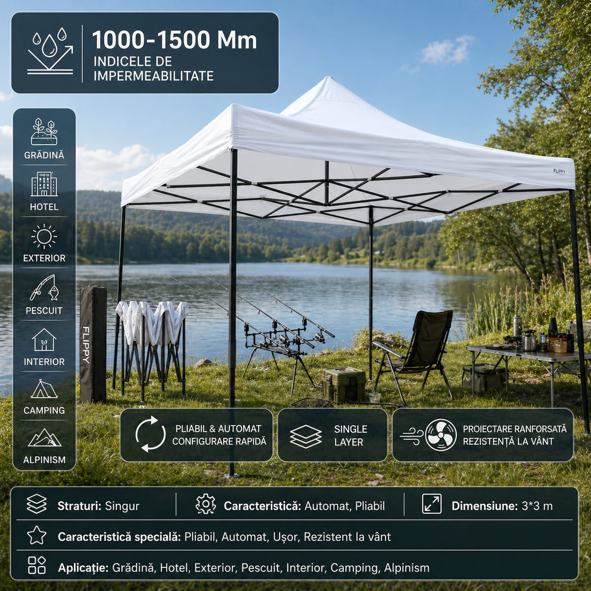 Cort Pavilion Pliabil 3x3m, Flippy, Cadru Metal Pliabil Ranforsat, Acoperis 420D 185 g/m, Polyester Oxford pentru Curte, Gradina, Evenimente, Alb
