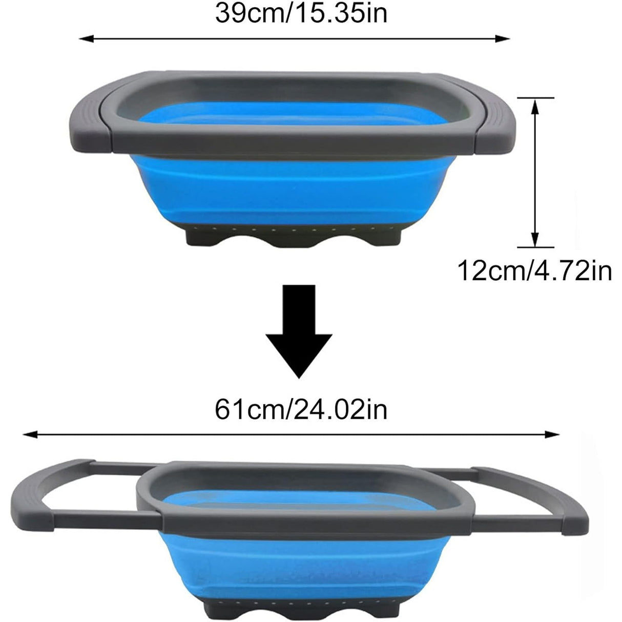 Cos de Scurgere Retractabil pentru Chiuveta, Vivimall, cu Filtru, pentru Fructe si Legume, de Uz Casnic, 39x12 cm, Design Extensibil pana la 61 cm, cu Manere de Prindere, Albastru - vivimall.ro