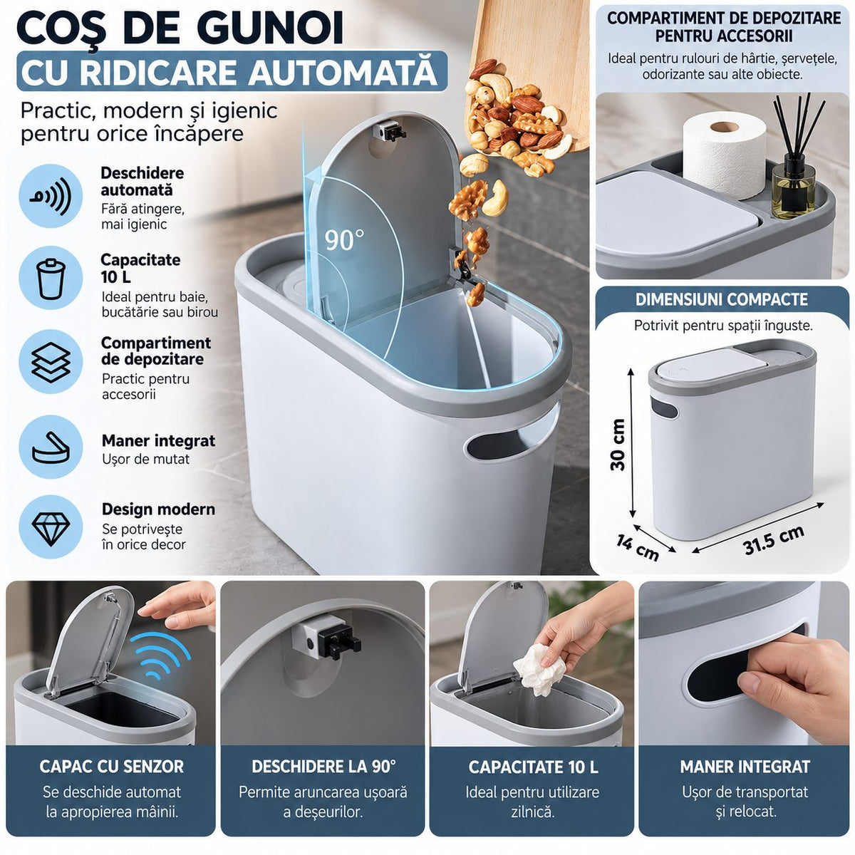 Cos de Gunoi, Flippy, din Plastic, Capac cu Ridicare Automata, Maner si Compartiment de Depozitare, Capacitate 10 L, 31.5 x 14 x 30 cm, Gri