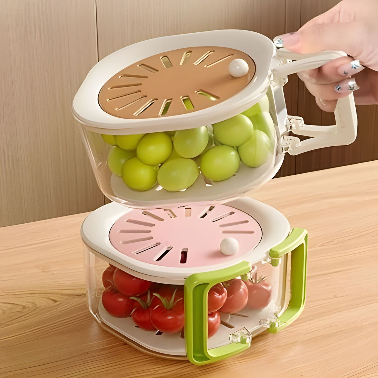 Cos de Scurgere pentru Fructe 2 in 1, Flippy, din Plastic durabil, Filtru Telescopic, Scurgator de Fructe si Legume, pentru uz Casnic, 15 x 15 x 8.5 cm, Maro/Bej