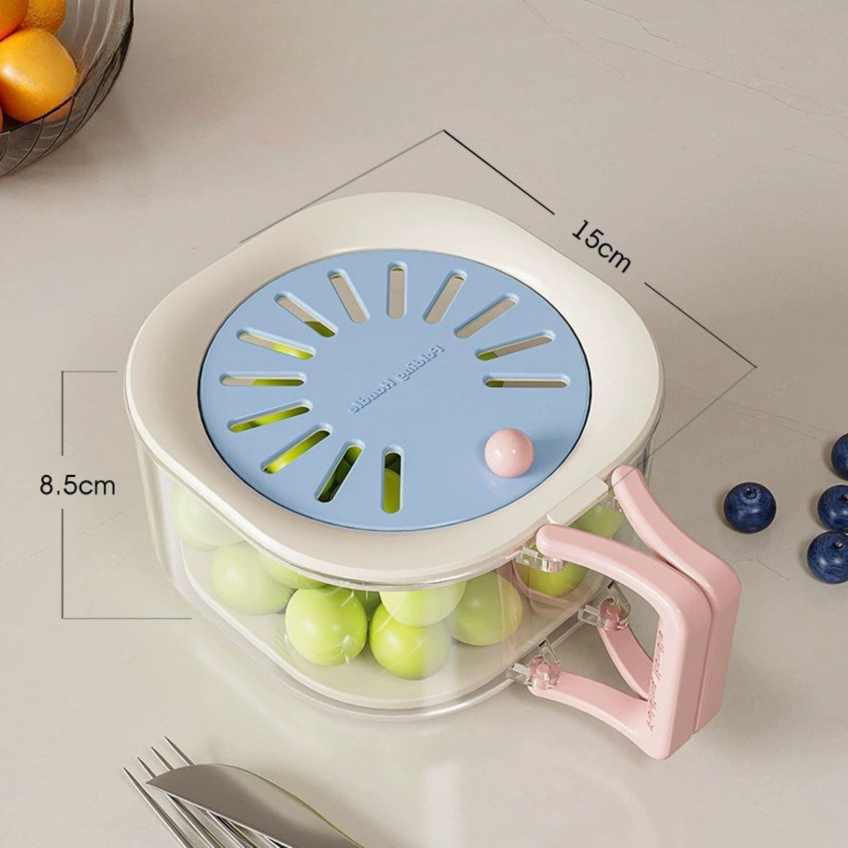 Cos de Scurgere pentru Fructe 2 in 1, Flippy, din Plastic durabil, Filtru Telescopic, Scurgator de Fructe si Legume, pentru uz Casnic, 15 x 15 x 8.5 cm, Albastru/Bej