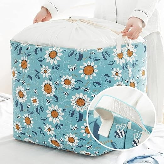 Cos depozitare, Vivimall, Capac cu Snur, 175 L, Confectionat din Bumbac si un Strat Impermeabil, 50 x 50 x 70 cm, Albastru Deschis, Imprimeu Flori - vivimall.ro