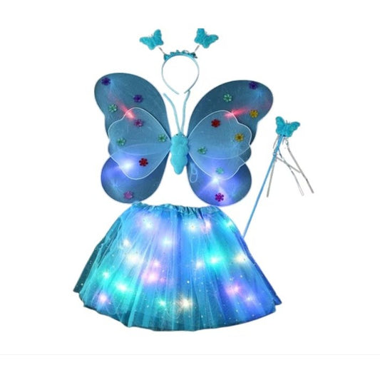 Costum Fluturas Cu Aripi Modelabile Luminoase Pentru Copii, Fusta Din Tul Cu Lumini, Bagheta Si Bentita, 4 Piese, Pentru Halloween, Roleplay, Craciun, Carnaval, Paste, Ziua Copilului, Bumbac/Poliester, Marime Universala - vivimall.ro