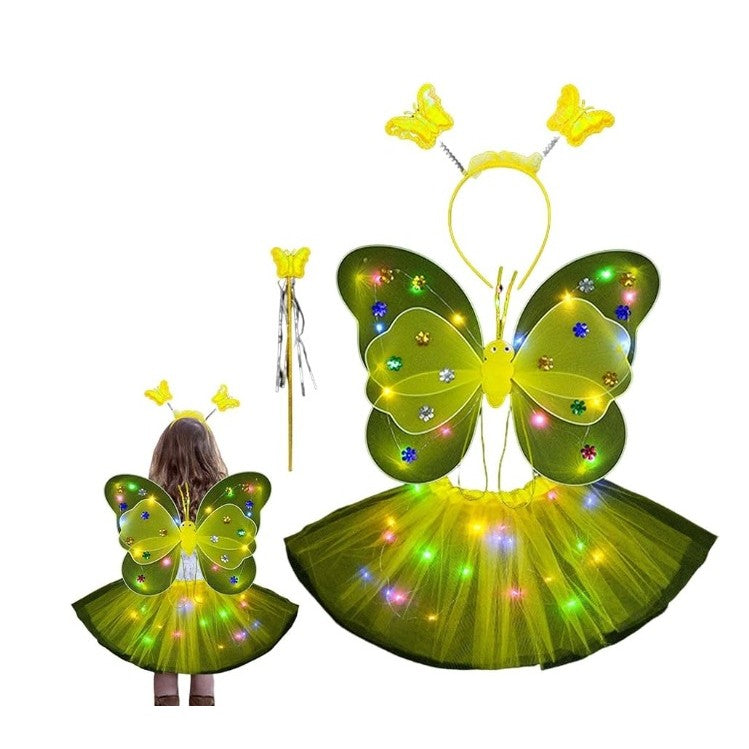 Costum Fluturas Cu Aripi Modelabile Luminoase Pentru Copii, Fusta Din Tul Cu Lumini, Bagheta Si Bentita, 4 Piese, Pentru Halloween, Roleplay, Craciun, Carnaval, Paste, Ziua Copilului, Bumbac/Poliester, Marime Universala - vivimall.ro