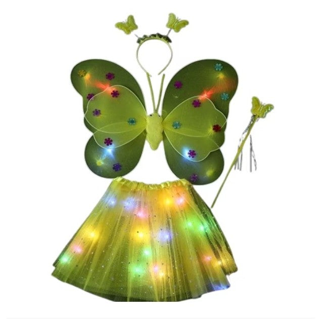 Costum Fluturas Cu Aripi Modelabile Luminoase Pentru Copii, Fusta Din Tul Cu Lumini, Bagheta Si Bentita, 4 Piese, Pentru Halloween, Roleplay, Craciun, Carnaval, Paste, Ziua Copilului, Bumbac/Poliester, Marime Universala - vivimall.ro