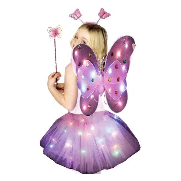 Costum Fluturas Cu Aripi Modelabile Luminoase Pentru Copii, Fusta Din Tul Cu Lumini, Bagheta Si Bentita, 4 Piese, Pentru Halloween, Roleplay, Craciun, Carnaval, Paste, Ziua Copilului, Bumbac/Poliester, Marime Universala, Curcubeu - vivimall.ro