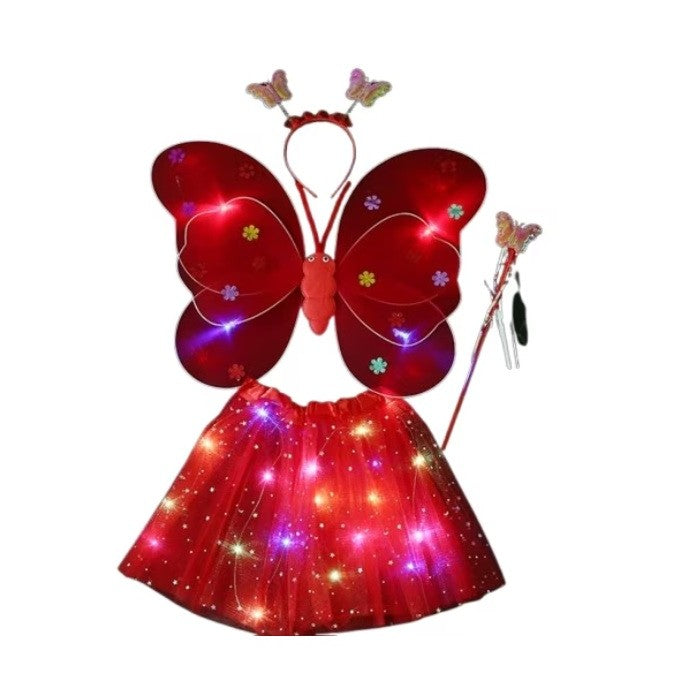 Costum Fluturas Cu Aripi Modelabile Luminoase Pentru Copii, Fusta Din Tul Cu Lumini, Bagheta Si Bentita, 4 Piese, Pentru Halloween, Roleplay, Craciun, Carnaval, Paste, Ziua Copilului, Bumbac/Poliester, Marime Universala - vivimall.ro