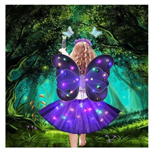 Costum Fluturas Cu Aripi Modelabile Luminoase Pentru Copii, Fusta Din Tul Cu Lumini, Bagheta Si Bentita, 4 Piese, Pentru Halloween, Roleplay, Craciun, Carnaval, Paste, Ziua Copilului, Bumbac/Poliester, Marime Universala - vivimall.ro