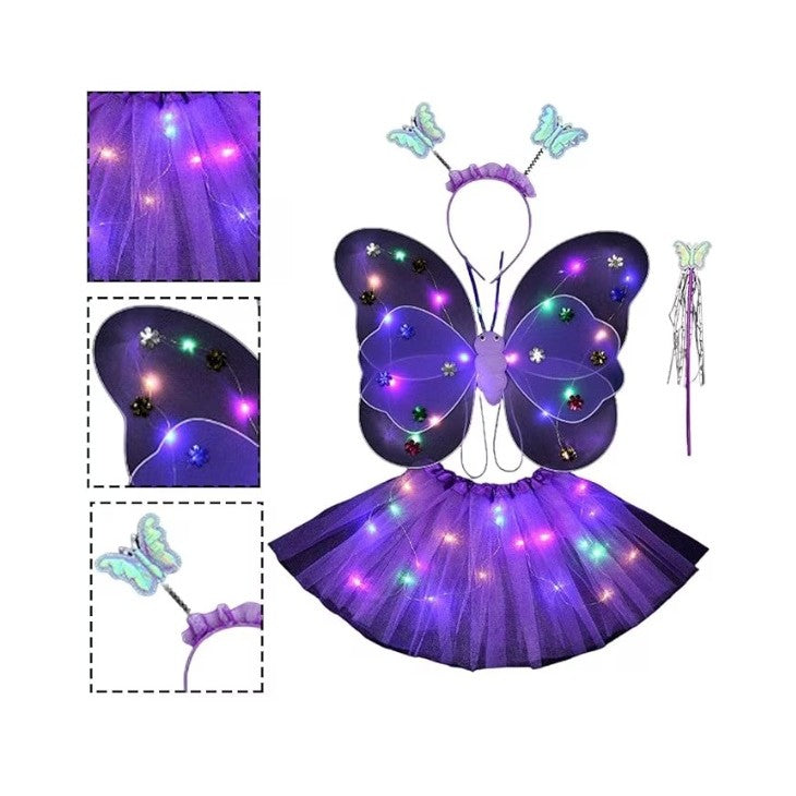 Costum Fluturas Cu Aripi Modelabile Luminoase Pentru Copii, Fusta Din Tul Cu Lumini, Bagheta Si Bentita, 4 Piese, Pentru Halloween, Roleplay, Craciun, Carnaval, Paste, Ziua Copilului, Bumbac/Poliester, Marime Universala - vivimall.ro