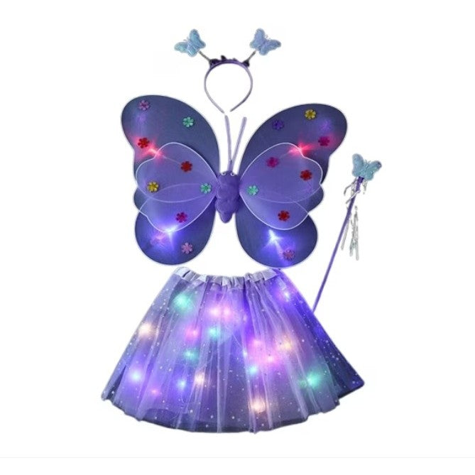 Costum Fluturas Cu Aripi Modelabile Luminoase Pentru Copii, Fusta Din Tul Cu Lumini, Bagheta Si Bentita, 4 Piese, Pentru Halloween, Roleplay, Craciun, Carnaval, Paste, Ziua Copilului, Bumbac/Poliester, Marime Universala - vivimall.ro