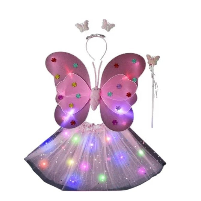 Costum Fluturas Cu Aripi Modelabile Luminoase Pentru Copii, Fusta Din Tul Cu Lumini, Bagheta Si Bentita, 4 Piese, Pentru Halloween, Roleplay, Craciun, Carnaval, Paste, Ziua Copilului, Bumbac/Poliester, Marime Universala - vivimall.ro