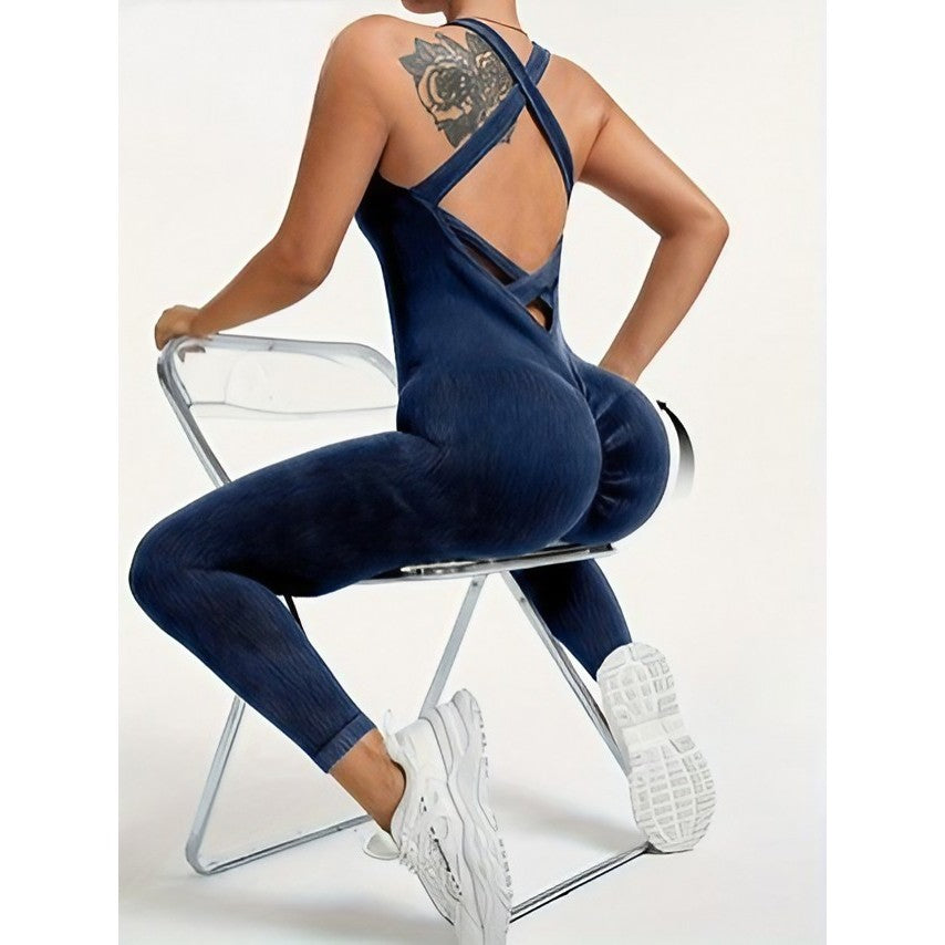 Costum yoga elastic fără cusături Vivimall, detaliu spate decupat cu bretele în formă de X, albastru marin