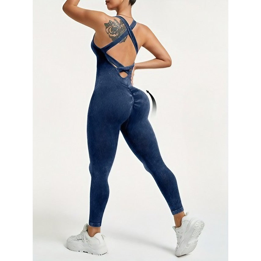 Costum yoga damă Vivimall One Piece albastru marin purtat în poziție de antrenament, vedere lifestyle, XL