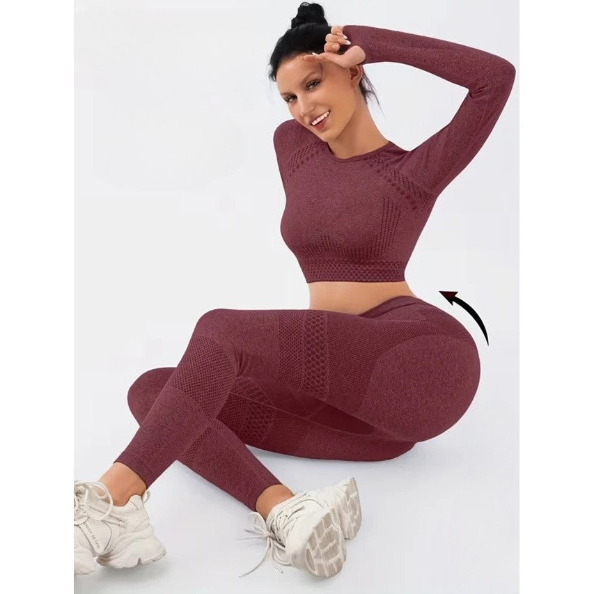 Costum Sport de Dama, Vivimall, pentru Yoga, Talie Inalta, Top Scurt, Elastic, Burgundy, Marime M - vivimall.ro