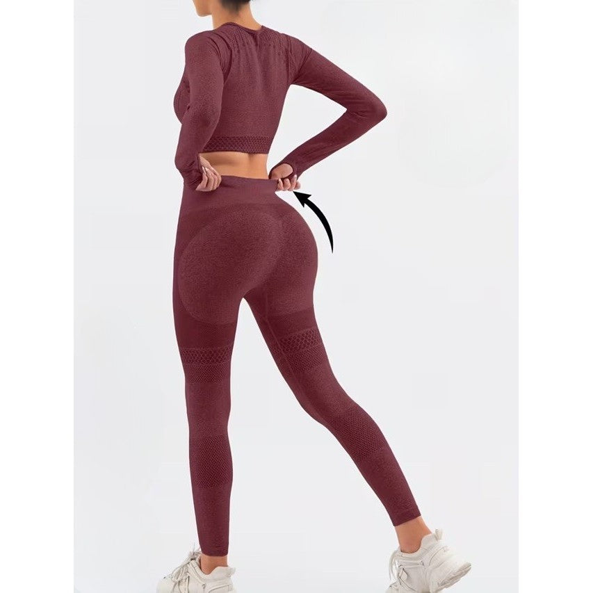 Costum Sport de Dama, Vivimall, pentru Yoga, Talie Inalta, Top Scurt, Elastic, Burgundy, Marime M - vivimall.ro