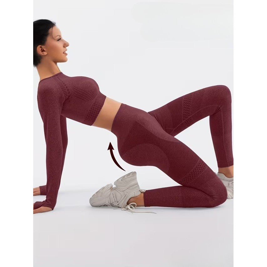 Costum Sport de Dama, Vivimall, pentru Yoga, Talie Inalta, Top Scurt, Elastic, Burgundy, Marime M - vivimall.ro