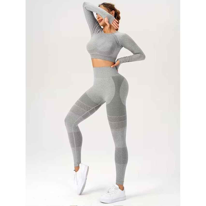 Costum Sport de Dama, Vivimall, pentru Yoga, Talie Inalta, Top Scurt, Elastic, Gri, Marime L - vivimall.ro