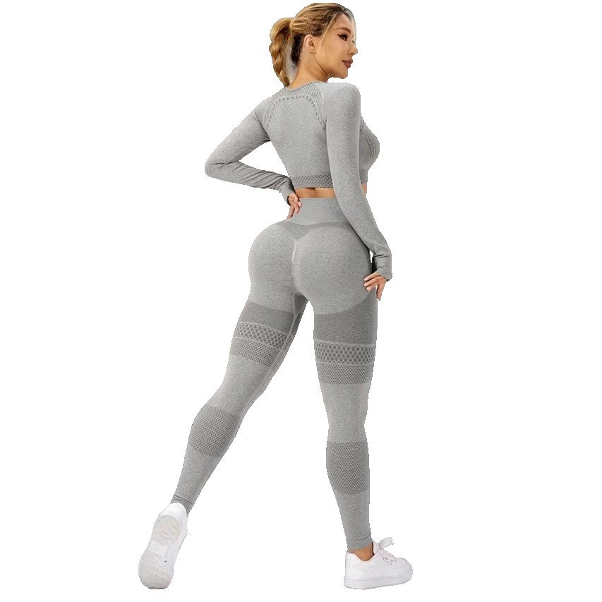 Costum Sport de Dama, Vivimall, pentru Yoga, Talie Inalta, Top Scurt, Elastic, Gri, Marime L - vivimall.ro