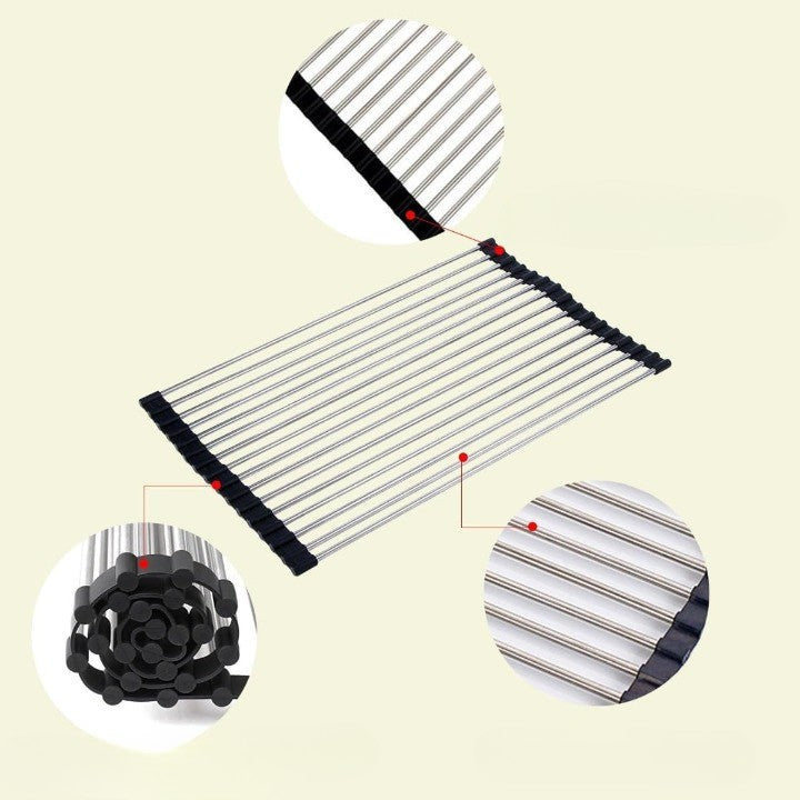 Covoras de Scurgere pentru Chiuveta Bucatarie, din Otel Inoxidabil, Suport Chiuveta, Pliabil, Antiderapant, Usor de Curatat si de Depozitat, 47x36 cm, 18 Tuburi, Negru - vivimall.ro