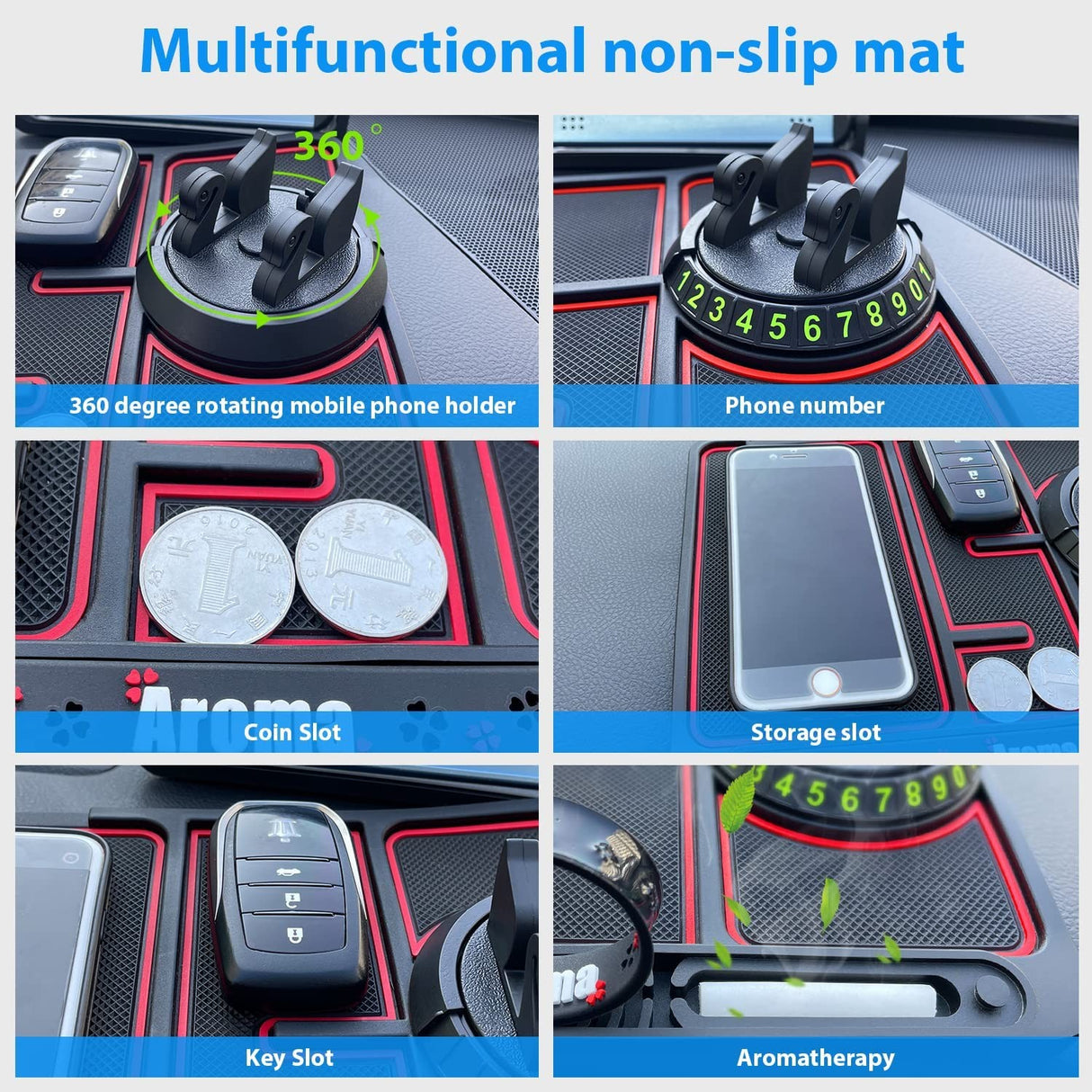 Covoras Pad/Suport Auto 4 In 1 Anti Alunecare Bord, Universal, Suport Auto Telefon, Tableta, Gps, Rotire 360 ° Multifuntional, Numar Telefon, Aroma