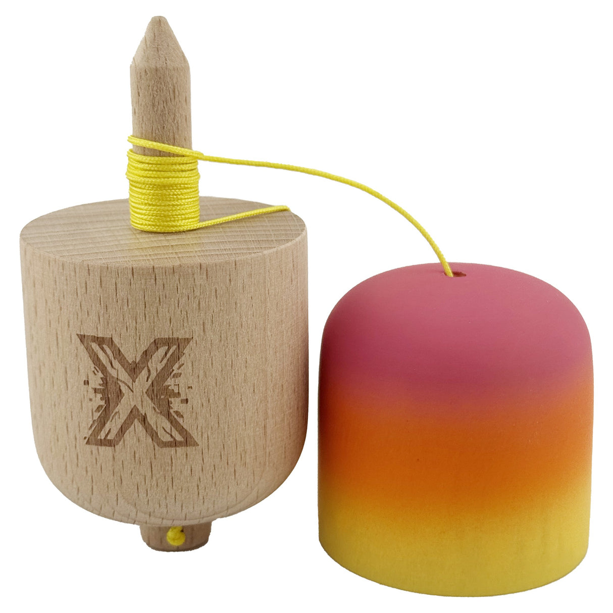 Kendama Pill X Originala, Flippy, Profesionala Model Rubber Grip Pilula, din Lemn, Varsta 9+, Ata 62/65 cm, 11 x 5 x 5 cm, Gradient Roz/Portocaliu/Galben - vivimall.ro