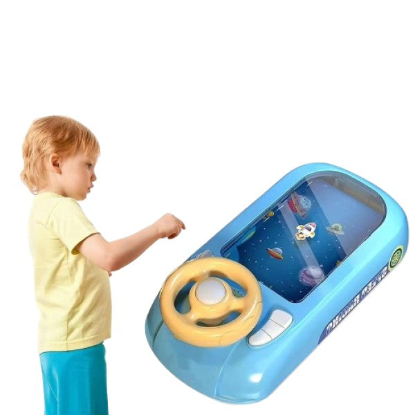 Joc interactiv Flippy albastru, detaliu lateral cu volan rotativ stânga-dreapta