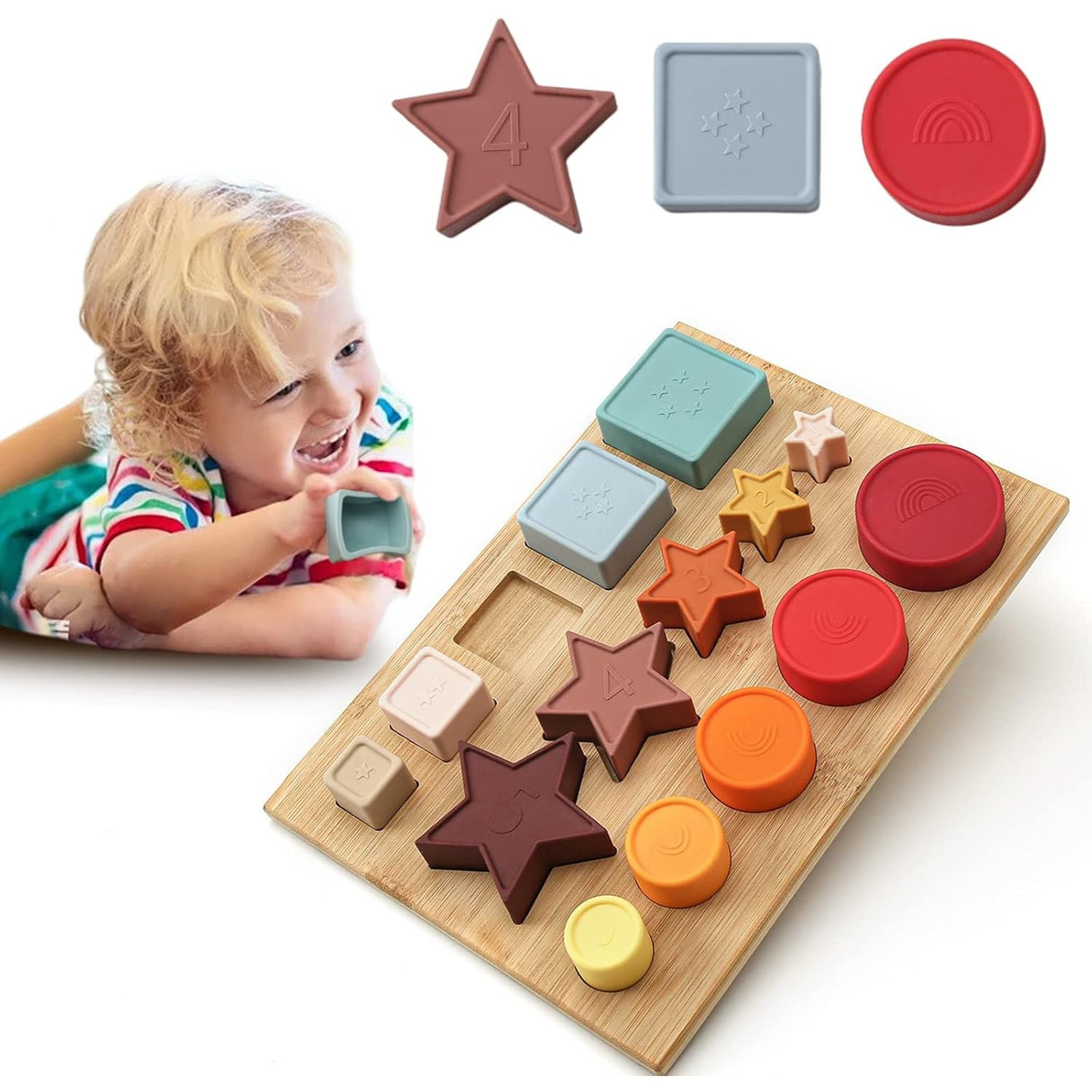 Ambalaj jucărie educativă Montessori forme geometrice stivuibile, dimensiuni 19,5 x 3,3 x 28 cm