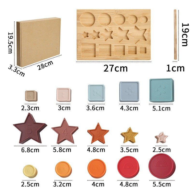 Jucărie educativă Montessori multicolor pe fond alb, set complet 15 piese lemn și silicon, +12 luni