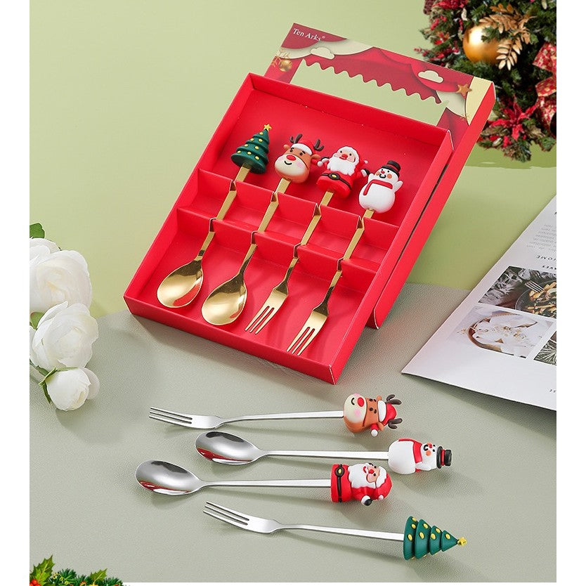 Set 4 Tacamuri, Flippy, Tema Craciun, 2 Linguri + 2 Furculite, cu Figurine, din Otel Inoxidabil, Cutie Cadou, 19 x 15 x 2.2 cm, Auriu - vivimall.ro