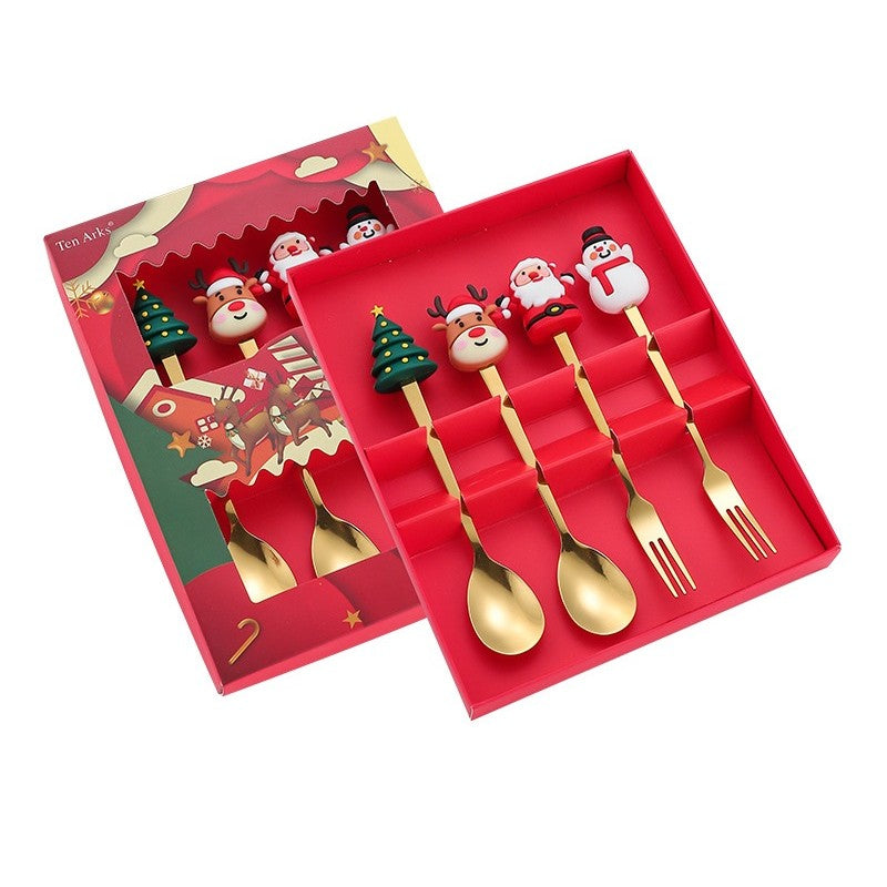 Set 4 Tacamuri, Flippy, Tema Craciun, 2 Linguri + 2 Furculite, cu Figurine, din Otel Inoxidabil, Cutie Cadou, 19 x 15 x 2.2 cm, Auriu - vivimall.ro