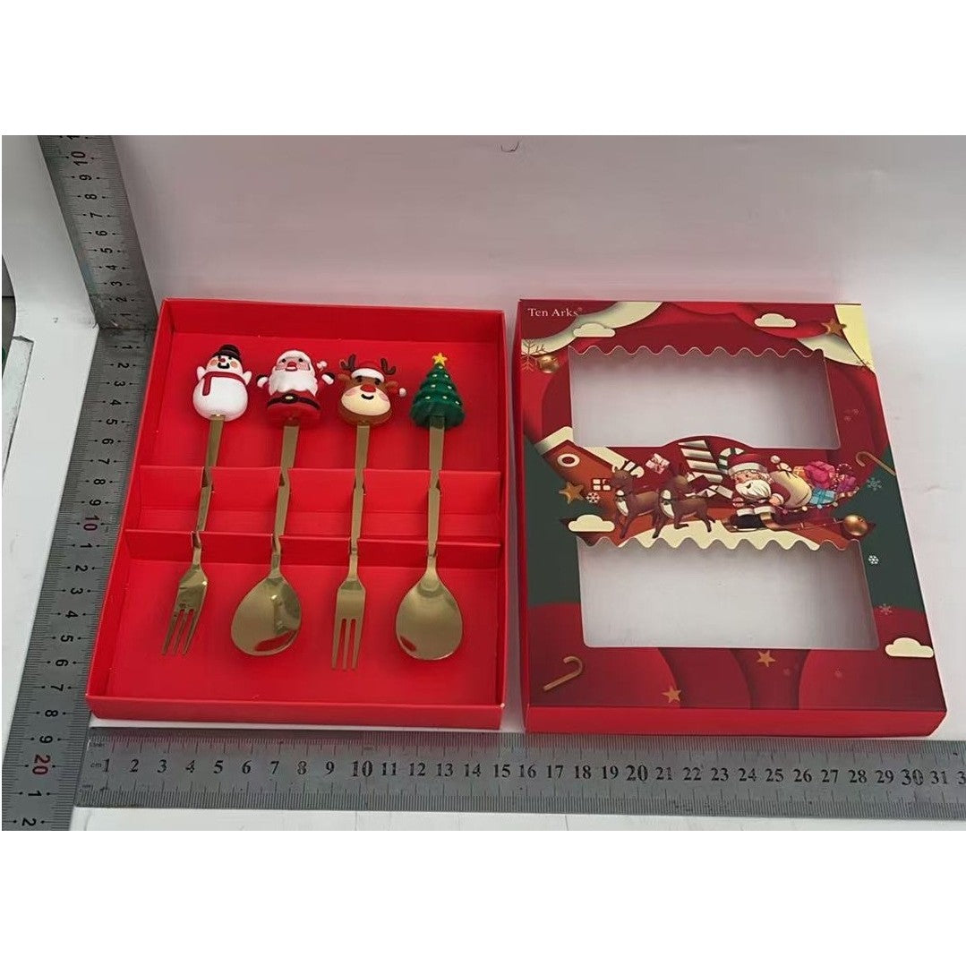 Set 4 Tacamuri, Flippy, Tema Craciun, 2 Linguri + 2 Furculite, cu Figurine, din Otel Inoxidabil, Cutie Cadou, 19 x 15 x 2.2 cm, Auriu - vivimall.ro