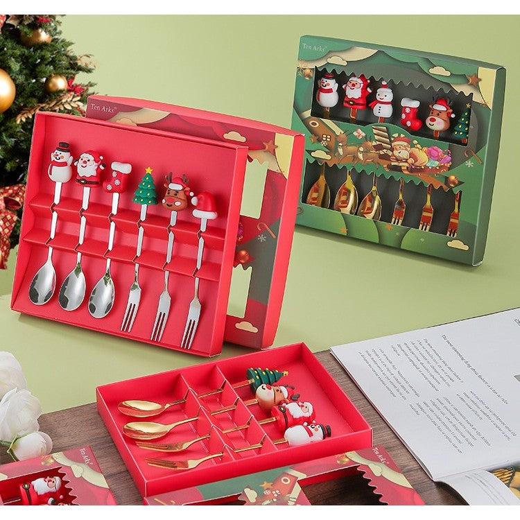 Set 6 Tacamuri, Flippy, Tema Craciun, 3 Linguri + 3 Furculite, cu Figurine, din Otel Inoxidabil, Cutie Cadou, 19 x 22 x 2.2 cm, Argintiu - vivimall.ro