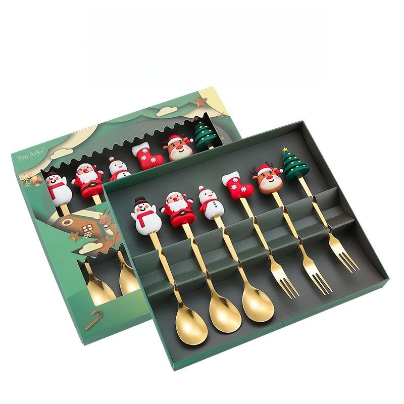 Set 6 Tacamuri, Flippy, Tema Craciun, 3 Linguri + 3 Furculite, cu Figurine, din Otel Inoxidabil, Cutie Cadou, 19 x 22 x 2.2 cm, Auriu - vivimall.ro