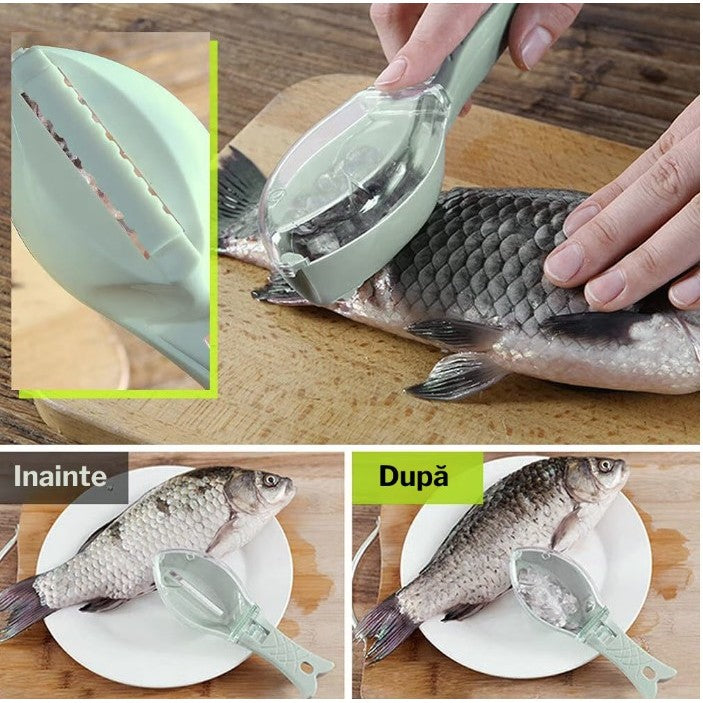 Curatator Manual Solzi de Peste, Vivimall, Forma Peste , Recipient cu Capcac pentru Solzi, Plastic, Verde deschis, 16x6 cm - vivimall.ro