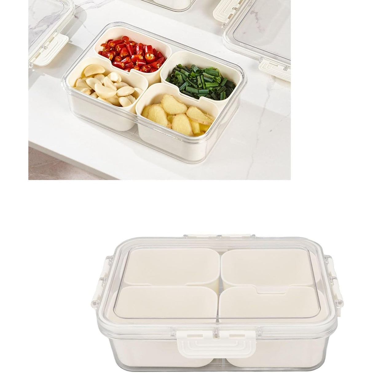 Cutie Alimentara Multifunctionala, Vivimall, pentru Condimente, Gustari, Inchidere Etans, cu Capac si Maner, 4 Compartimente, 25 x 8 x 18 cm, Alb - vivimall.ro