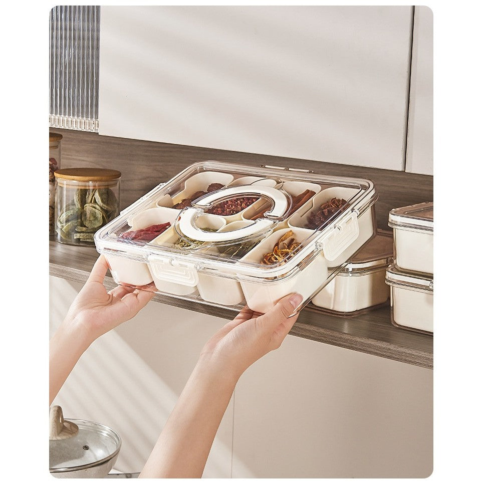 Cutie Alimentara Multifunctionala, Vivimall, pentru Condimente, Gustari, Inchidere Etans, cu Capac si Maner, 8 Compartimente, 32 x 8 x 25 cm, Alb - vivimall.ro