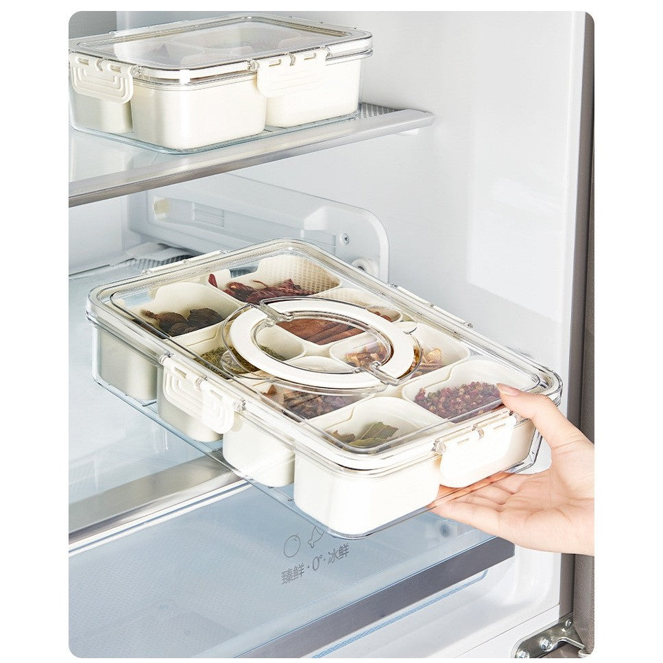 Cutie Alimentara Multifunctionala, Vivimall, pentru Condimente, Gustari, Inchidere Etans, cu Capac si Maner, 8 Compartimente, 32 x 8 x 25 cm, Alb - vivimall.ro