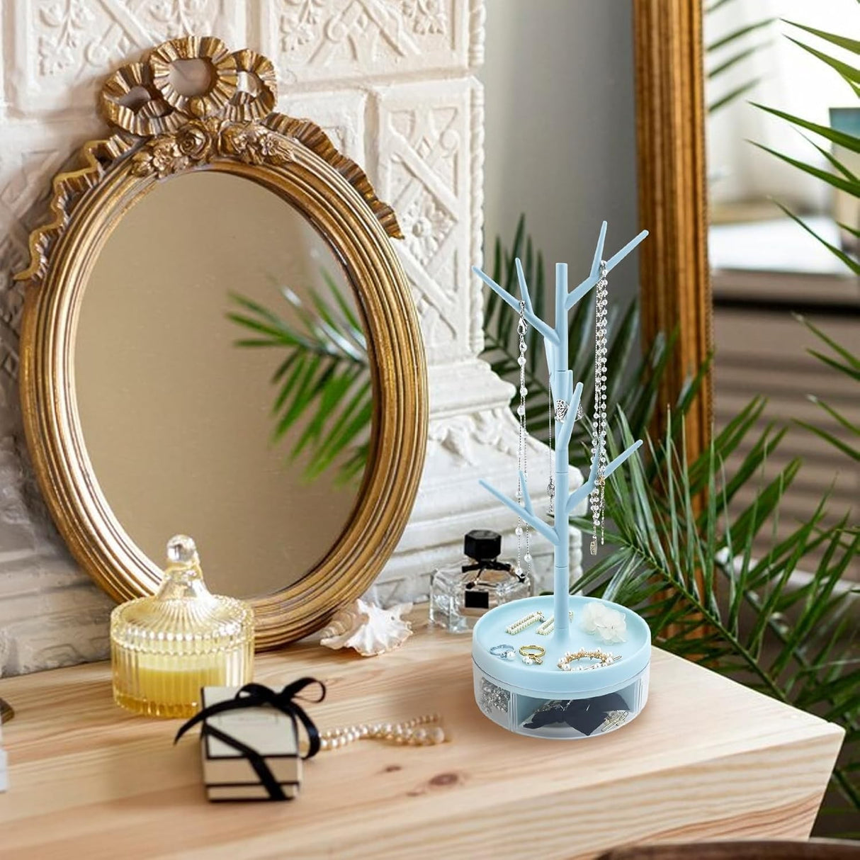 Cutie de Bijuterii, Vivimall, Rotativa, cu Suport Tip Ramura, 36.5 x 14 cm, din ABS+PP, Albastru - vivimall.ro