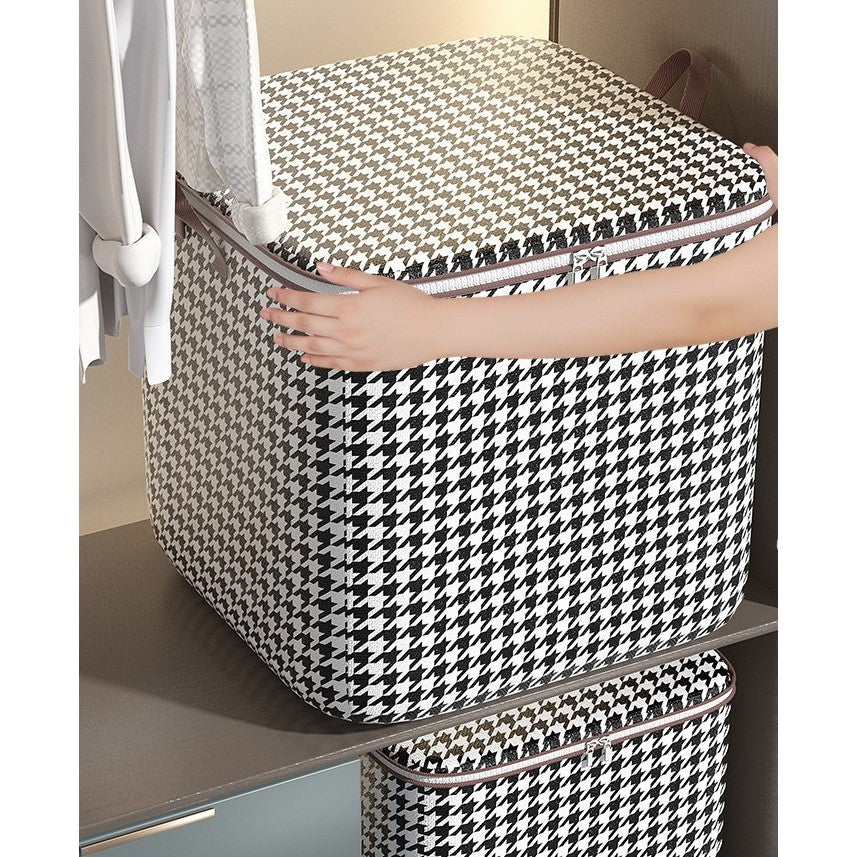 Cutie de Depozitare cu Fermoar, Flippy, Pliabila, Maner Ranforsat, Fermoar Rezistent, pentru Haine, Paturi, Plapumi, Perne, Lenjerii de Pat, Jucarii, 80 Litri, in Carouri, Alb-Negru