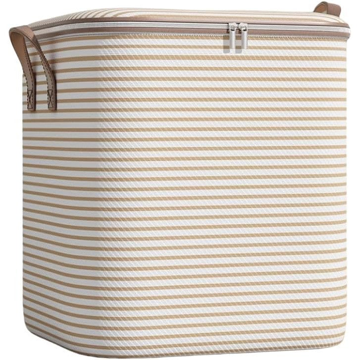 Cutie de Depozitare cu Fermoar, Flippy, Pliabila, Maner Ranforsat, Fermoar Rezistent, pentru Haine, Paturi, Plapume, Perne, Lenjerii de Pat, Jucarii, 56x45x56 cm, 150 Litri, in Dungi, Bej