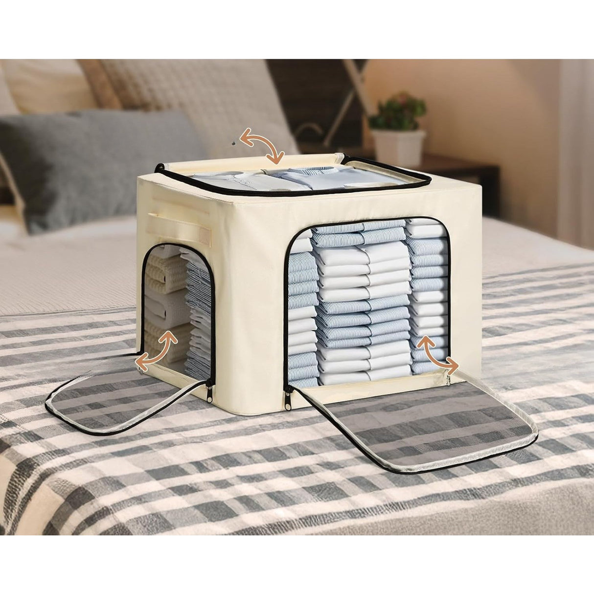 Cutie de Depozitare, Vivimall, cu 3 Ferestre cu Fermoar Bidirectional, Cadru din Otel, Impermeabil, 38L, 42 x 30 x 30 cm, Bej - vivimall.ro