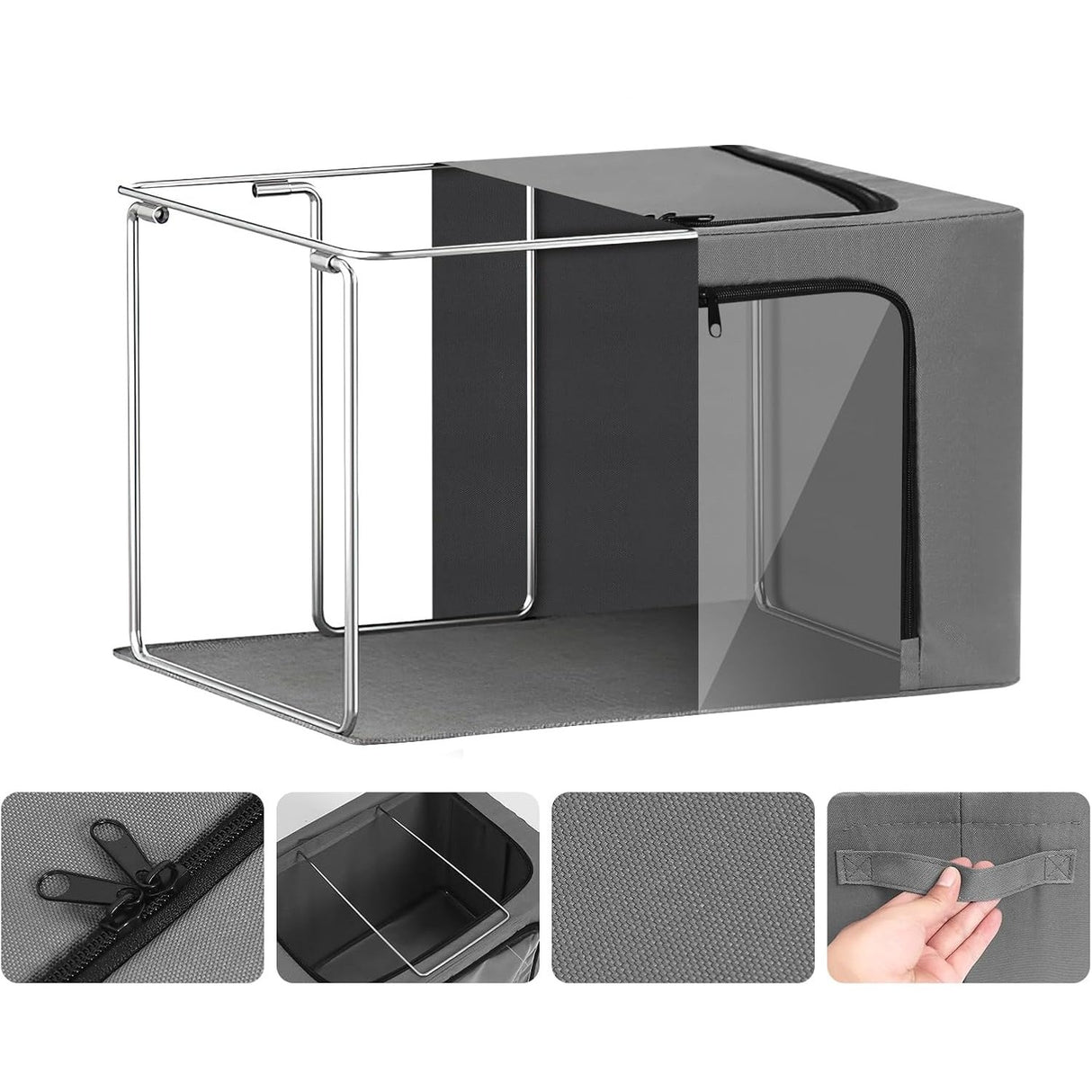 Cutie de Depozitare, Vivimall, cu 3 Ferestre cu Fermoar Bidirectional, Cadru din Otel, Impermeabil, 38L, 42 x 30 x 30 cm, Gri Inchis - vivimall.ro