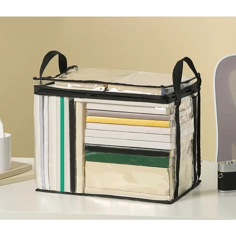 Cutie de Depozitare, Flippy, din PVC + Textil, Rezistenta la Apa, Geanta pentru Carti, 38x24x32 cm, Transparent-Negru