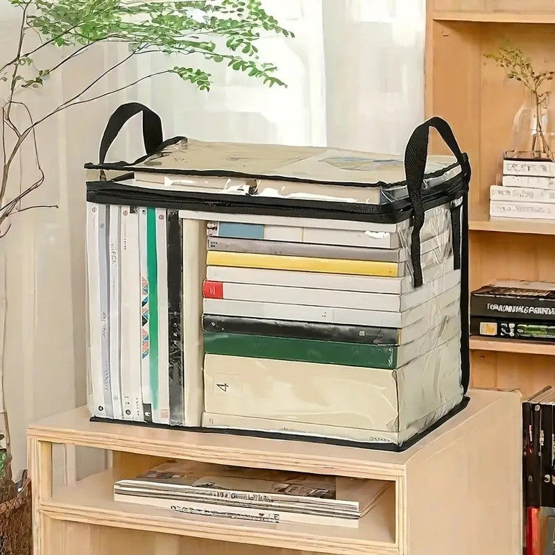 Cutie de Depozitare, Flippy, din PVC + Textil, Rezistenta la Apa, Geanta pentru Carti, 38x24x32 cm, Transparent-Negru