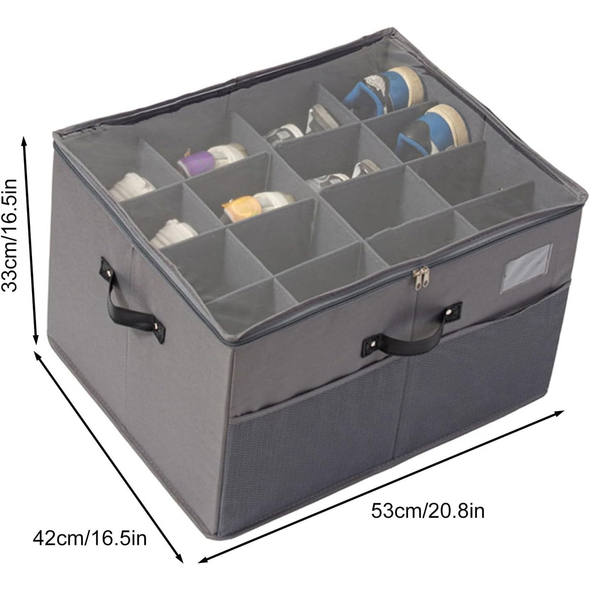Cutie de Depozitare pentru Pantofi, Flippy, 14 Compartimente, cu Capac Transparent si Fermoar, din Panza Oxford, Pliabila, 53x42x33 cm, Gri