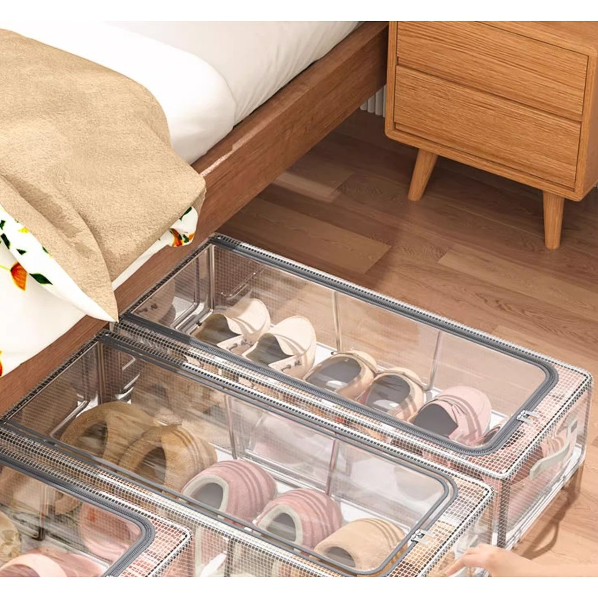 Cutie de Depozitare pentru Pantofi, Vivimall, 60*30*21CM , din Plasa PVC Impermeabila si Cadru de Otel, Pliabila, Fermoar Bidirectional, Transparenta - vivimall.ro