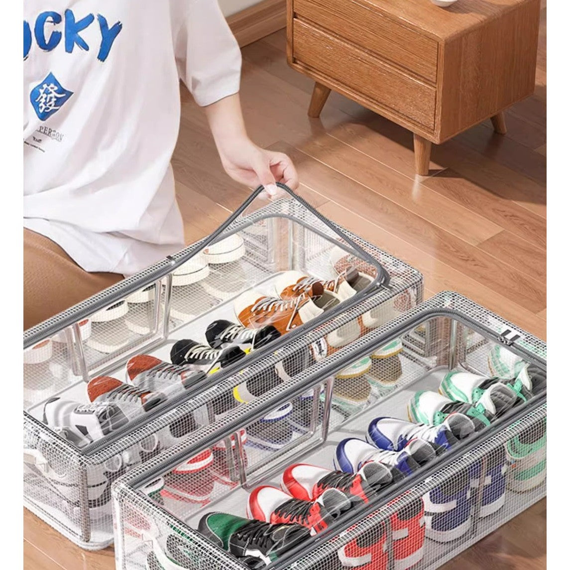 Cutie de Depozitare pentru Pantofi, Vivimall, 60*30*21CM , din Plasa PVC Impermeabila si Cadru de Otel, Pliabila, Fermoar Bidirectional, Transparenta - vivimall.ro