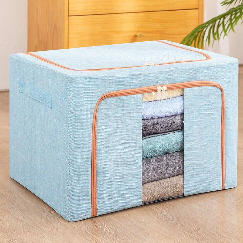 Cutie de Depozitare Pliabila, Vivimall, 100 L, din Bumbac si In, 60x42x40 cm, 2 Ferestre, Frontala si Laterala, 2 Usi de Acces cu Fermoar Bidirectional, Cadru Metalic, Suport Baza Stabil din Plastic, Bleu - vivimall.ro